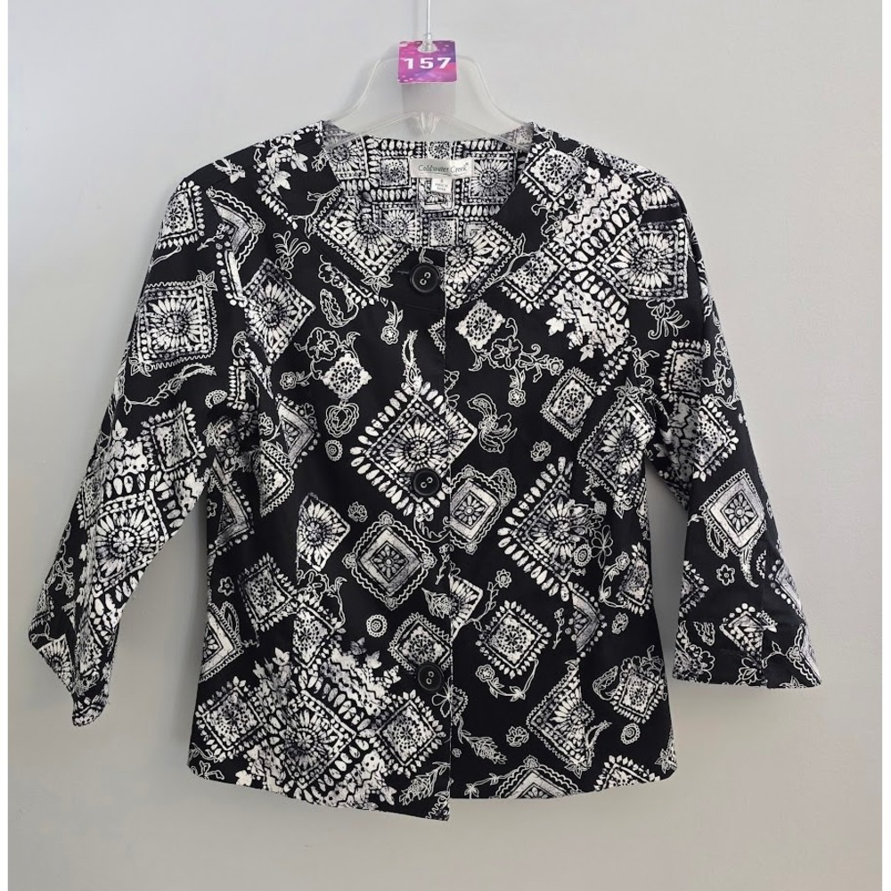 Coldwater Creek Womens Tile Stamp Print Blouse Black White Cotton Size 6 NEW